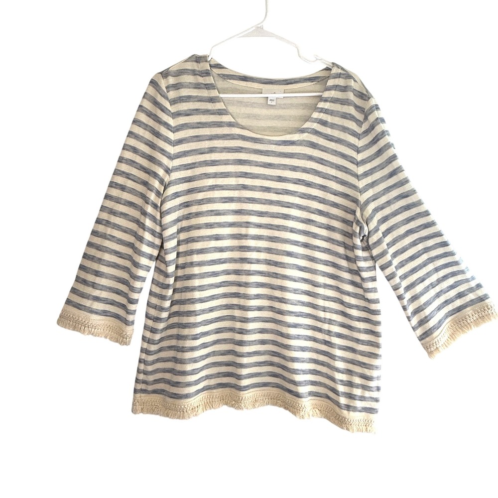 J. Jill Womens L Blue Ivory Stripe Cotton Sweater Fringe 3/4 Sleeve Coastal